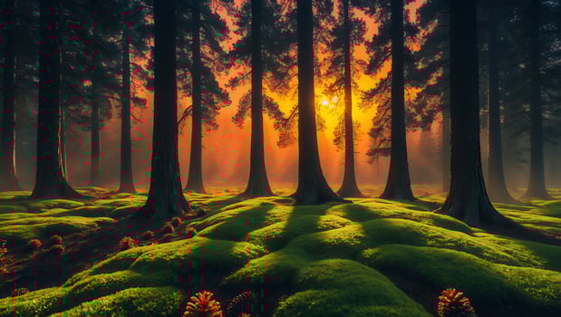 Tranquil Forest with Mossy Ground and Warm Sunlight Streaming Through Trees photo