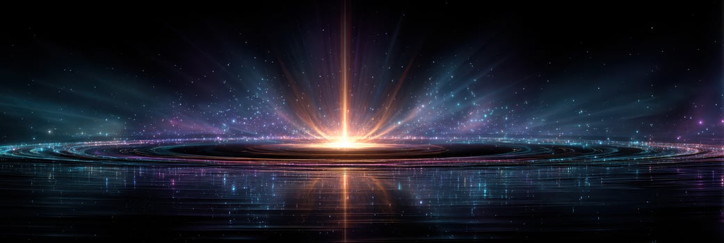 Vibrant cosmic explosion illuminates the night sky with colorful light and a reflective surface photo