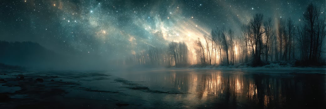 Night sky illuminated by stars over calm river with silhouettes of trees near shoreline photo