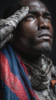 Soldier saluting while wearing a tattered flag during a moment of remembrance in a dimly lit setting photo