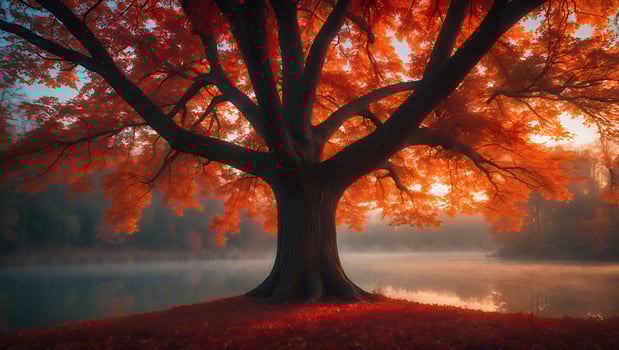 Solitary Autumn Tree with Red Leaves by Peaceful Misty Lake photo