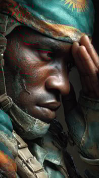 Soldier in reflective moment showing determination and resilience during a challenging situation photo