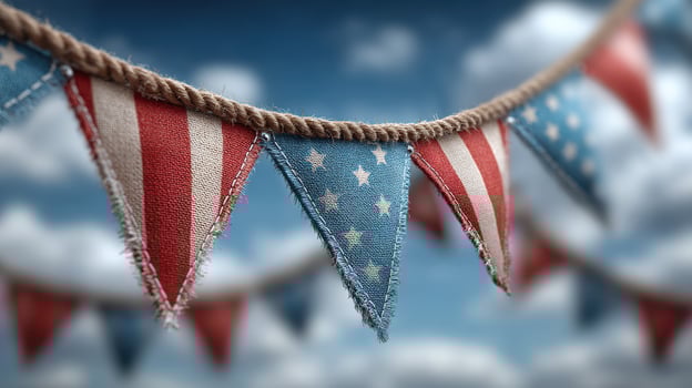 Decorative bunting featuring red, white, and blue colors with stars against a blue sky photo