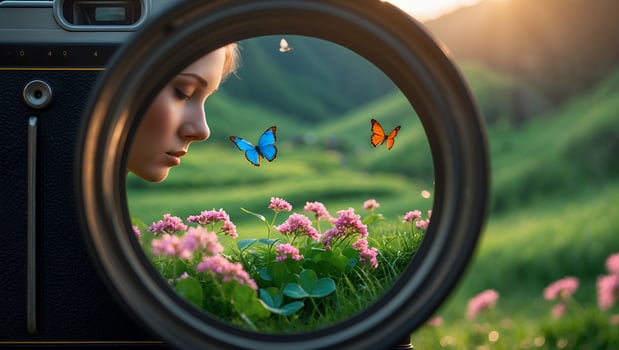 Woman Camera Butterfly Meadow Captured Through a Vintage Lens Perspective photo