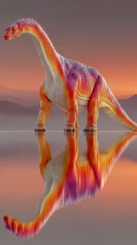 Colorful dinosaur reflects in water during sunset at a serene landscape with mountains in the background photo