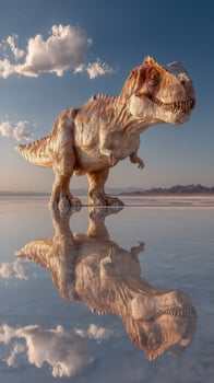 Dinosaur sculpture standing in shallow water during sunset reflects the sky and landscape photo