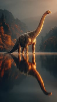Large dinosaur stands majestically in tranquil water during a misty sunrise at a serene lake in a prehistoric landscape photo
