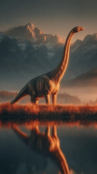 Massive dinosaur stands majestically by a tranquil lake at dawn with mountains in the background under a soft orange glow photo