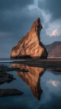 Unique rock formation reflects in tidal pool during twilight at coastal landscape photo