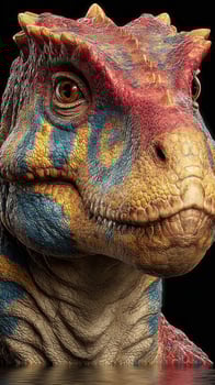Colorful dinosaur sculpture with intricate details displayed in a dark environment photo