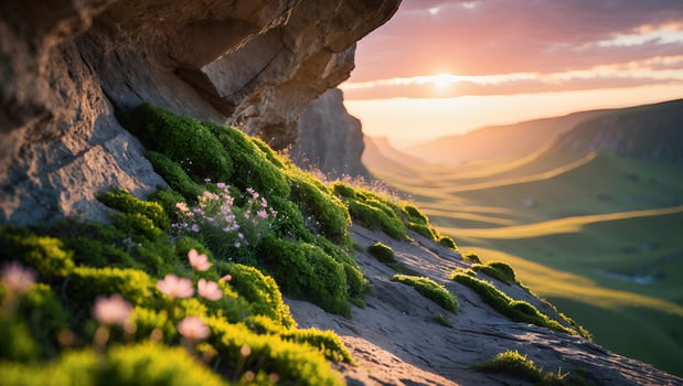 Cliffside Flowers at Sunset Over Rolling Green Hills Landscape photo