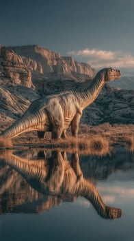 Dinosaur standing near a tranquil pond at sunset surrounded by rugged mountains and reflected in still water photo
