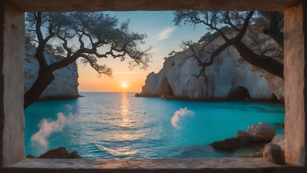 Ocean View Through Stone Window at Sunset with Turquoise Water photo