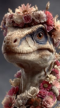 Dinosaur adorned with floral crown exhibits intricate details in an artistic portrayal under soft lighting photo