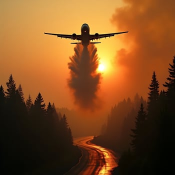 Airplane Taking Off at Sunset Over Forest Road photo