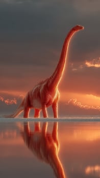 Dinosaur stands majestically in sunset-lit water reflecting the vibrant sky photo