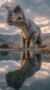 Giant dinosaur standing beside a calm lake at dusk with dramatic clouds in the sky photo