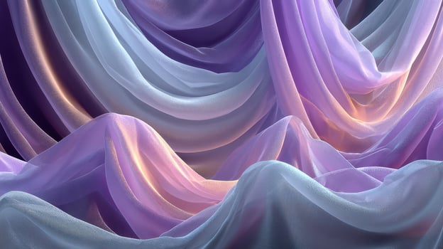 Textiles in soft purple and white hues create a gentle drape effect, showcasing delicate folds and subtle light reflections photo