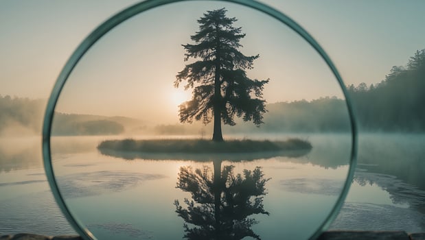 Tree on Island Reflected in Lake Through a Round Lens at Dawn photo