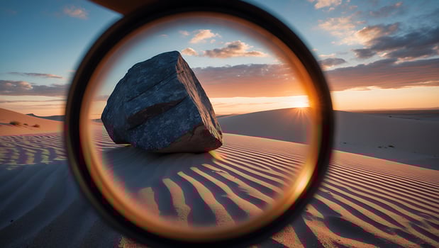 Rock in Desert Seen Through Magnifying Glass at Sunset Horizon photo