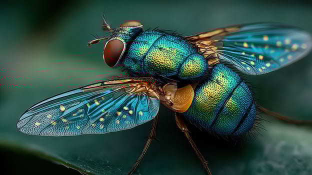 Vibrant blue fly perched on leaf highlighting nature's intricate details photo