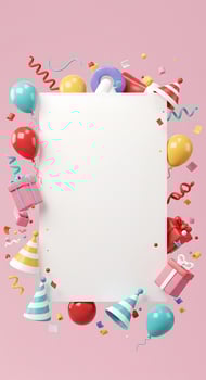 3d illustration of birthday party with balloons and gifts on pink background photo