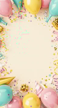 Birthday party background with balloons, confetti and streamers photo