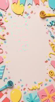 Birthday party background with confetti, balloons, and party hats photo