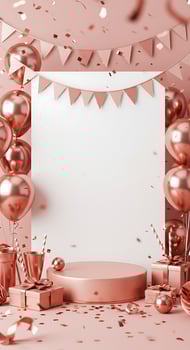 Pink party decorations with balloons and a blank sign photo