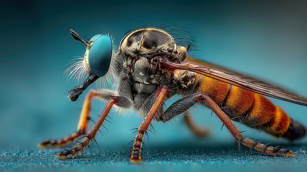 Close-up view of a colorful insect displaying intricate details of its anatomy in a natural environment photo
