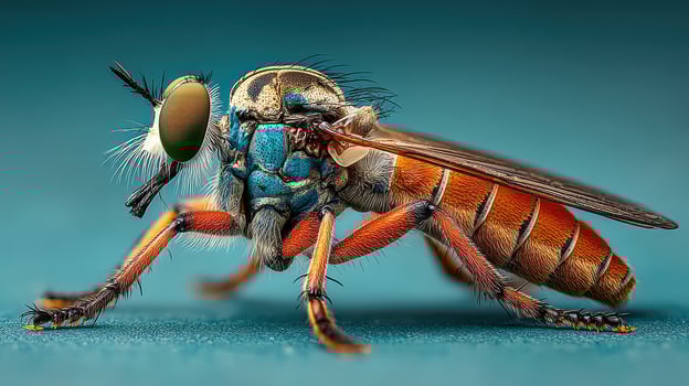 Close-up of a colorful insect with striking features on a blue background, showcasing fine details of its body and eyes photo