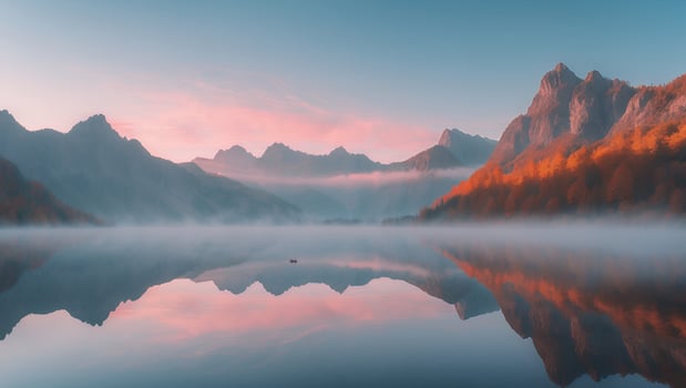 Lake Reflection of Mountains with Morning Mist and Soft Pink Sky photo