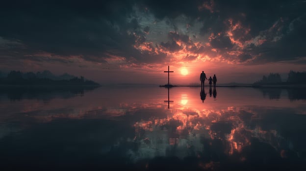 Couple walking at sunset near a cross by the water reflecting a vibrant sky photo