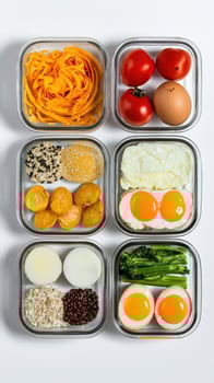 Four containers with eggs, vegetables, and other foods photo