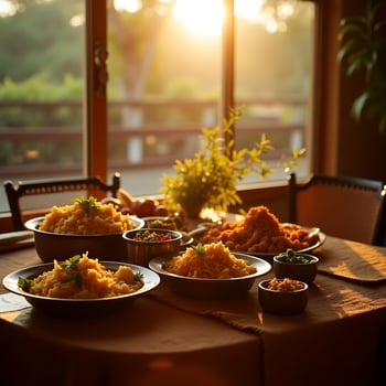 Serving Dishes with Variety of Foods on Table at Sunset photo