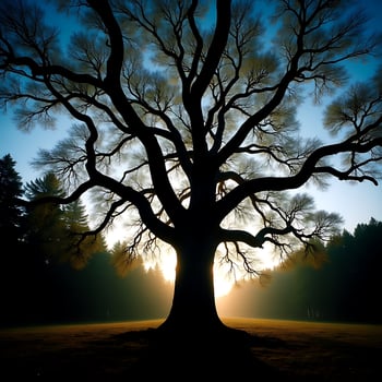 Silhouette of Majestic Tree at Sunset in a Forest Clearing photo