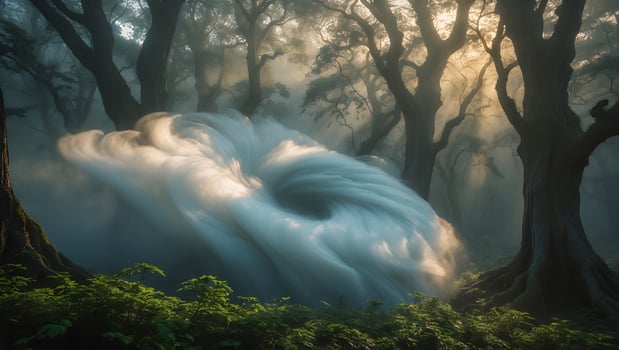 Surreal Fog Vortex in Forest with Sunlight Streaming Through Trees photo