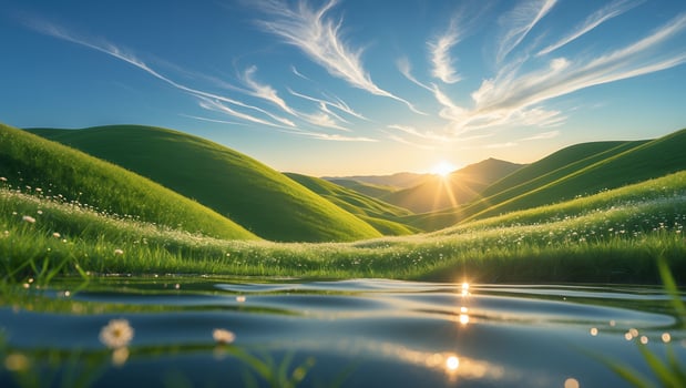 Rolling Green Hills Reflecting Sunset in Calm Water Nature Scene photo