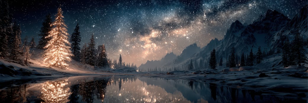 Winter landscape at night with stars and reflected mountains in a serene lake photo