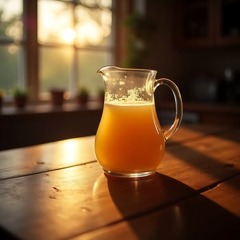 Pitcher of Fresh Juice on Wooden Table in Morning Sunlight photo