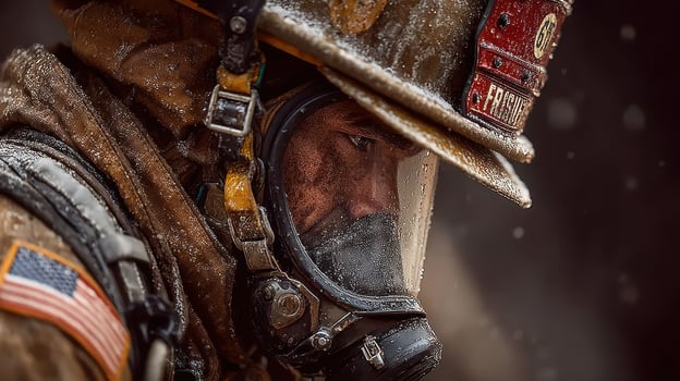 Brave firefighter prepares to tackle an intense blaze while wearing protective gear in adverse weather conditions photo