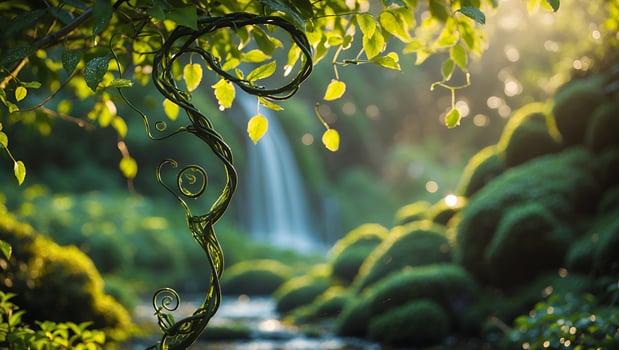 Lush Green Vine with Leaves by Waterfall in Peaceful Nature Setting photo