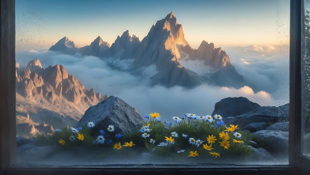 Mountain View Through Window with Flowers and Mist Serene Scene photo