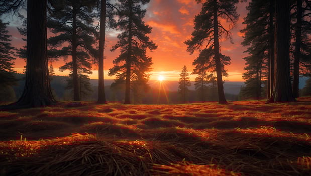 Forest Meadow at Sunset with Vibrant Sky and Sunlight Streaming Through photo