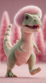 Colorful dinosaur wearing pink hat enjoys a whimsical walk in a fantastical landscape with pastel trees in the background photo