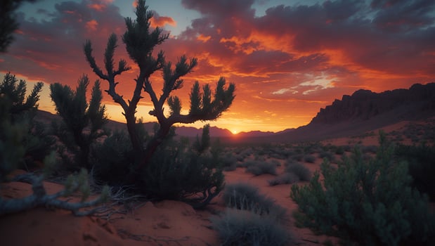 Desert Landscape with Unique Tree Silhouettes at Dramatic Sunset Scene photo