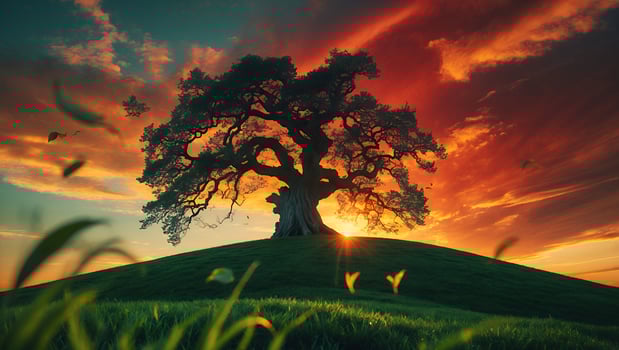 Majestic Tree Standing Silhouetted on Hilltop at Sunset with Colorful Sky photo