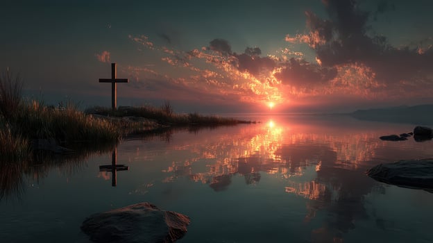 Sunset reflections over calm water with a cross by the shore photo