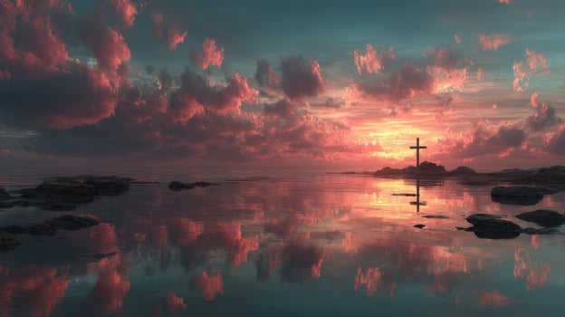 Sunset over calm waters reflects cross on rocky shore in serene landscape photo