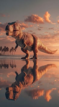 Dinosaur walking along a tranquil beach at sunset with palm trees and a colorful sky reflecting on the water photo